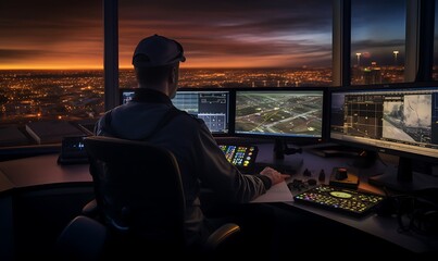 air traffic controller in airport control tower. - obrazy, fototapety, plakaty