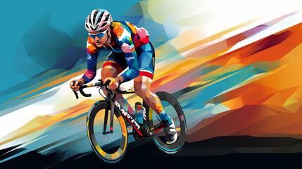 A modernist art style of a cyclist racing, the abstract forms and lines distilling essence of speed