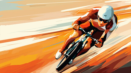 A modernist art style of a cyclist racing, the abstract forms and lines distilling essence of speed
