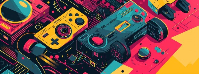 A vibrant and colorful depiction of gaming controllers, infused with neon hues, reflecting the dynamic energy of video gaming culture.