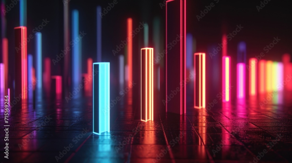 Wall mural Dynamic neon bar graphs racing and competing against each other for attentio