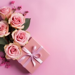 Top view of pink rose and gift box