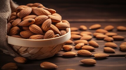 Almonds in basket on brown wooden background