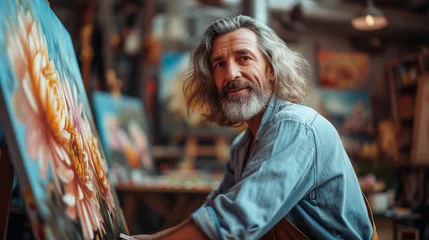 Fotobehang Portrait Mature man Artist painting artwork at workspace. © CraftyImago
