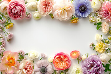 Floral frame from pastel flowers on white background, copy space for text in center