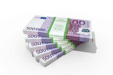 3d rendering of Stacks of Euro notes. bundles of European union currency notes isolated on white background