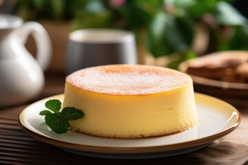 The Japanese cheesecake is a heavenly creation with a goldenbrown exterior that hides a luscious center. It boasts a slightly sweet, tangy taste, reminiscent of a souffl .