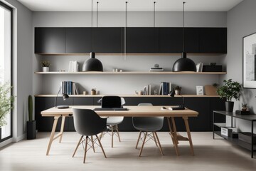 scandinavian interior home design of workplace with wooden desk and shelves on dark wall