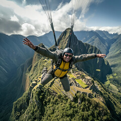 A man jumping in parachute near machu pichu