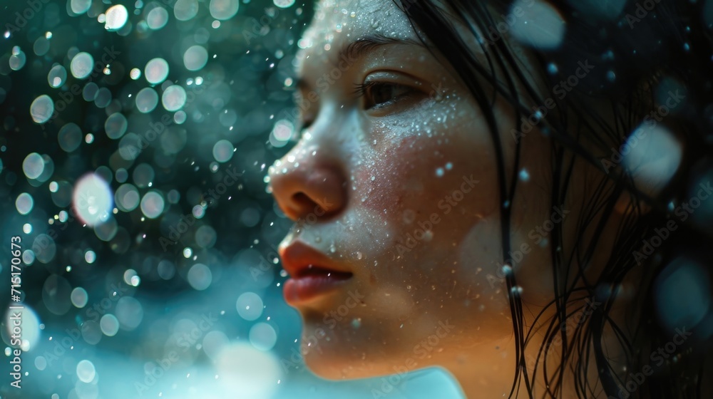 Poster the luminescent rain envelops the womans entire face, creating a serene and calming atmosphere, as i