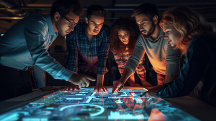 Diverse group of technology professionals deeply engaged in analyzing complex data on an illuminated, interactive touchscreen table.	
