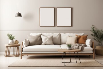 Scandinavian farmhouse interior home design of living room with white sofa and empty mock up frame