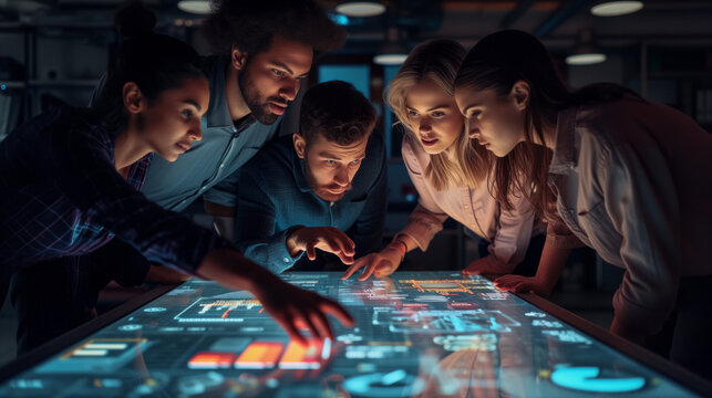 Diverse group of technology professionals deeply engaged in analyzing complex data on an illuminated, interactive touchscreen table.	
