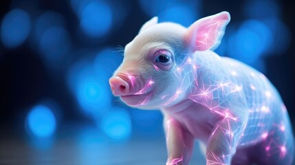 A detailed photo of a piglet with a fluorescent protein in its skin, an example of how CRISPR can introduce desirable traits in livestock through gene editing.