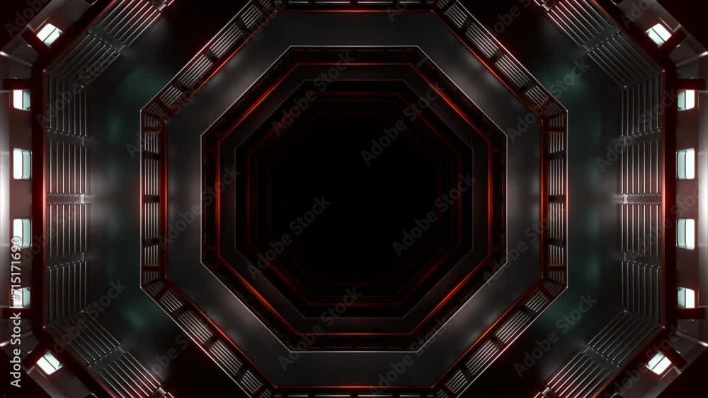 Aufkleber flight in neon lights cyber data hexagonal tunnel. design. dark mysterious corridor.