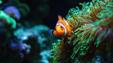 A neon rainbow colored clownfish peeking out from a neon green anemone - Powered by Adobe