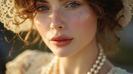 Create a tableau of 1920s elegance with a vintage-inspired tea dress, adorned with lace and pearls, capturing the refined style of the bygone era.