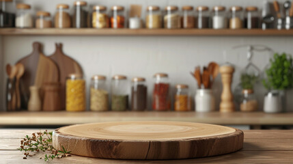 Fototapeta na wymiar Podium wood with kitchen stuff background