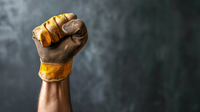 Fighting raise up hand with gloves worker