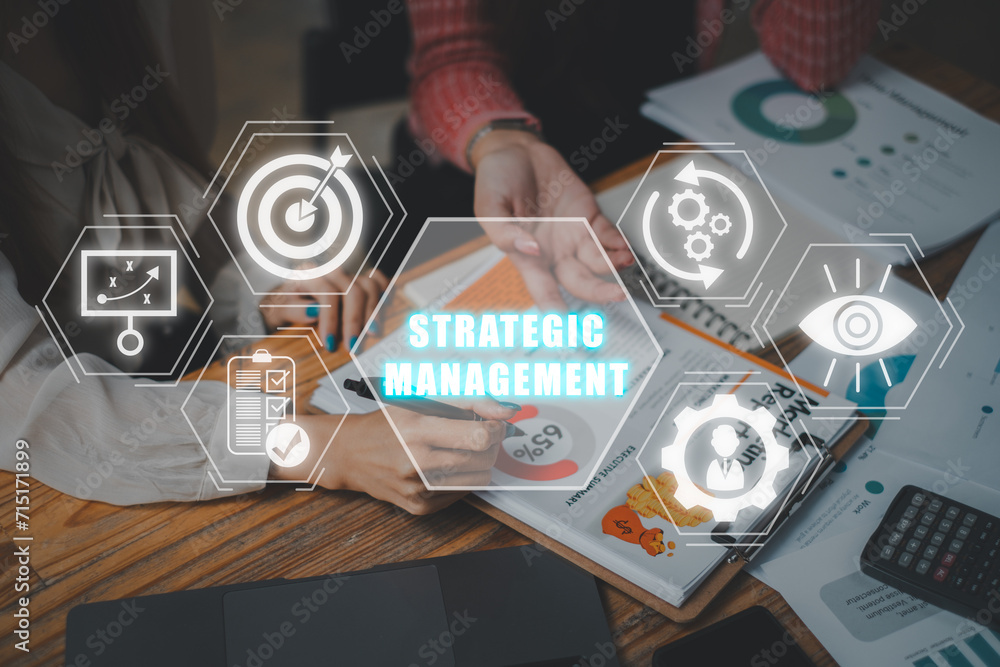 Poster strategic management concept. business team analysis summary graph reports of business operating exp