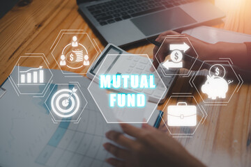 Mutual fund concept, Business woman using calculator on desk with mutual fund icon on virtual screen. Securities, Cash Flow, Money, Investment, Stock Exchange, Trade. - obrazy, fototapety, plakaty