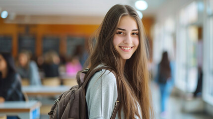 portrait of a girl with smiling in campus - obrazy, fototapety, plakaty