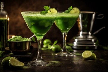 Close-up of green drinks on dark background for St. Patrick's Day. Generative AI