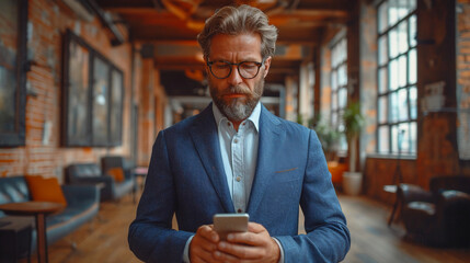 Male business executive in a blue suit looking at his cellphone - texting - deep in thought - serious expression - stylish fashion - leader - planning