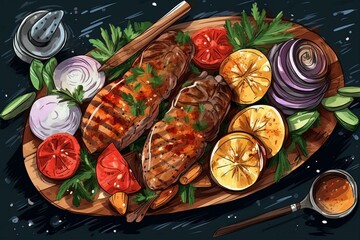 Illustration of barbecued meat with grilled veggies. Generative AI - obrazy, fototapety, plakaty