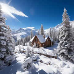 Idyllic Log Cabin in Snowy Mountain Landscape