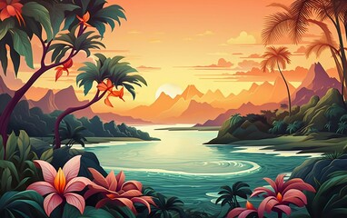 Fototapeta na wymiar vector illustration Landscape mural art design, trend, tropical, natural, plants, stunning views