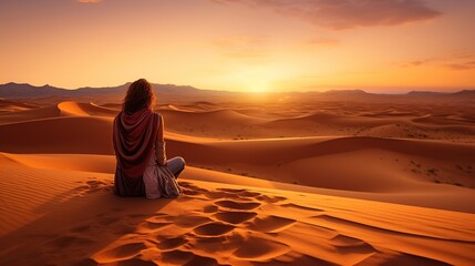 Sexy woman walking in the desert.Beautiful view on the mountain at sunset. Amazing sand dunes. Golden sand waves. Natural safari panorama. Unique journey. - obrazy, fototapety, plakaty