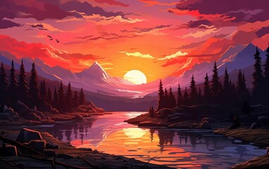 Sunsets of Never Series vector illustration. Very beautiful virtual paint landscape