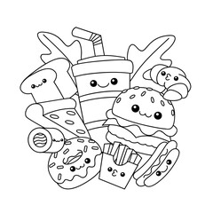 Fast Food line drawing cute icon illustration template