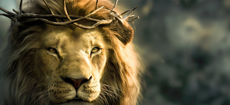 The King Returns: Majestic Lion of Judah Crowned in Thorns, Symbolizing Jesus Christ's Triumphant Revelation.