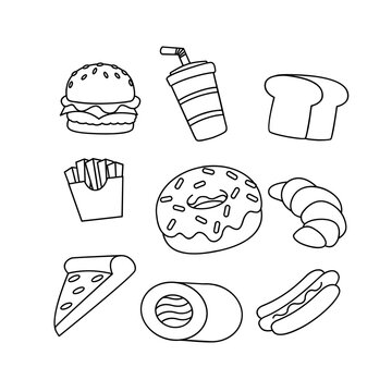 Fast Food line drawing cute icon illustration template