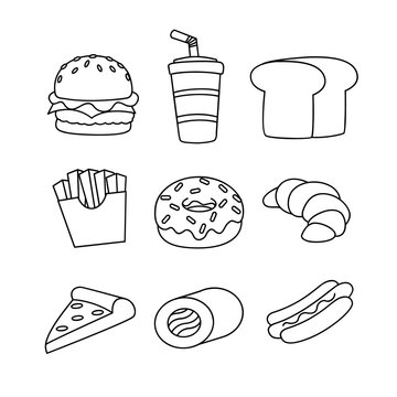 Fast Food line drawing cute icon illustration template