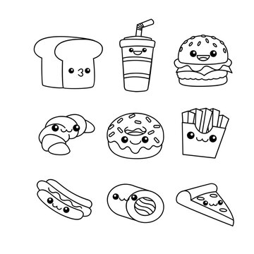 Fast Food line drawing cute icon illustration template