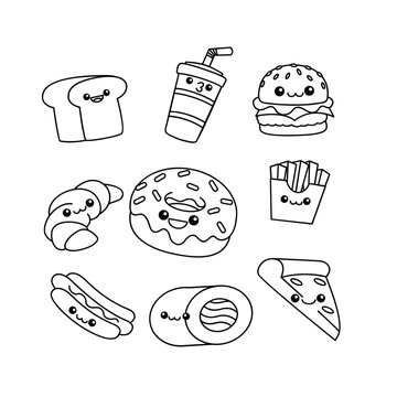 Fast Food line drawing cute icon illustration template