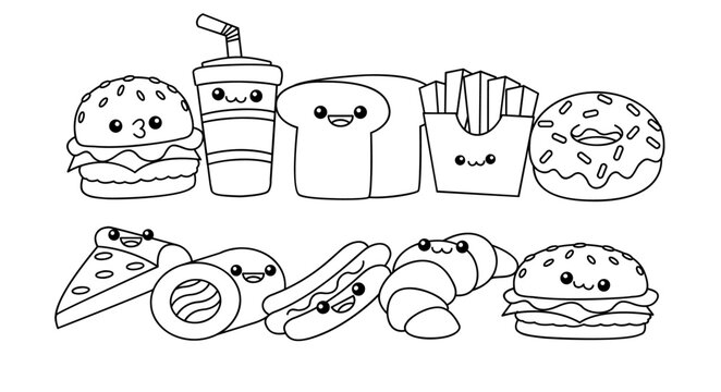 Fast Food line drawing cute icon illustration template