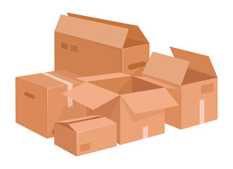 Delivery boxes stack. Cardboard stacked cargo boxes, packages pile, shipping or moving concept flat vector illustration. Warehouse storage parcels
