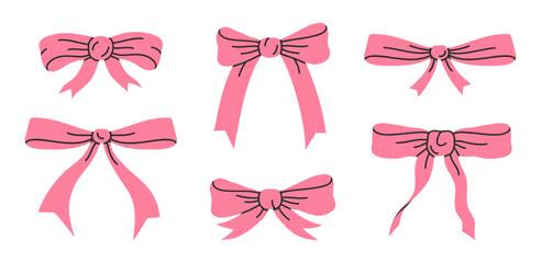 Pink silk bows. Hand drawn bows for gift box, Birthday gifts pink ribbon decorations flat vector illustration set. Holidays bow decor