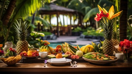A tropical island dinner setup with palm trees and exotic fruits. - obrazy, fototapety, plakaty