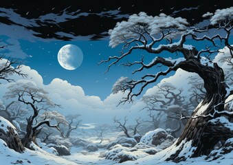 Snow-Covered Valley Under Full Moon Digital Artwork