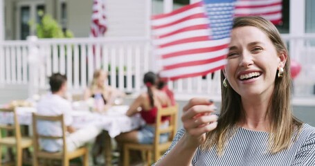 Woman, face and USA flag for patriotism in outdoors, democracy and celebration of independence. Female person, portrait and symbol of freedom, American citizen and happy on fourth of July holiday - Powered by Adobe