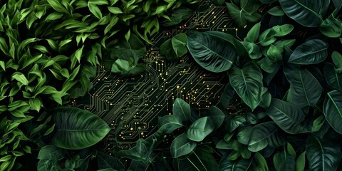 blend of nature and technology, with circuit-like patterns merging with lush green foliage - obrazy, fototapety, plakaty
