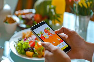 Closeup of a person hand using smartphone app to track calories and nutrients, managing a diet and maintaining a healthy lifestyle - obrazy, fototapety, plakaty