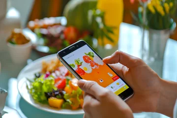 Foto op Plexiglas Closeup of a person hand using smartphone app to track calories and nutrients, managing a diet and maintaining a healthy lifestyle © MVProductions