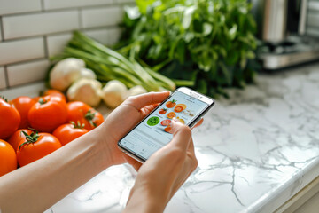 Closeup of a person hand using smartphone app to track calories and nutrients, managing a diet and maintaining a healthy lifestyle