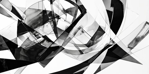 dynamic collision of geometric shapes and lines in contrasting black and white - obrazy, fototapety, plakaty